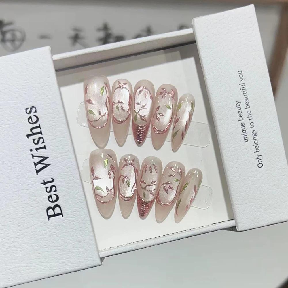 10Pcs Handmade Cat Eye Gradient Long Coffin Stiletto Press On Nails With Glitter Diamond Pearl Flower Bowknot Decorations