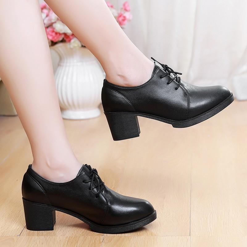 Spring and autumn new women's casual single shoes fashion pointed thick heel single shoes lace up comfortable