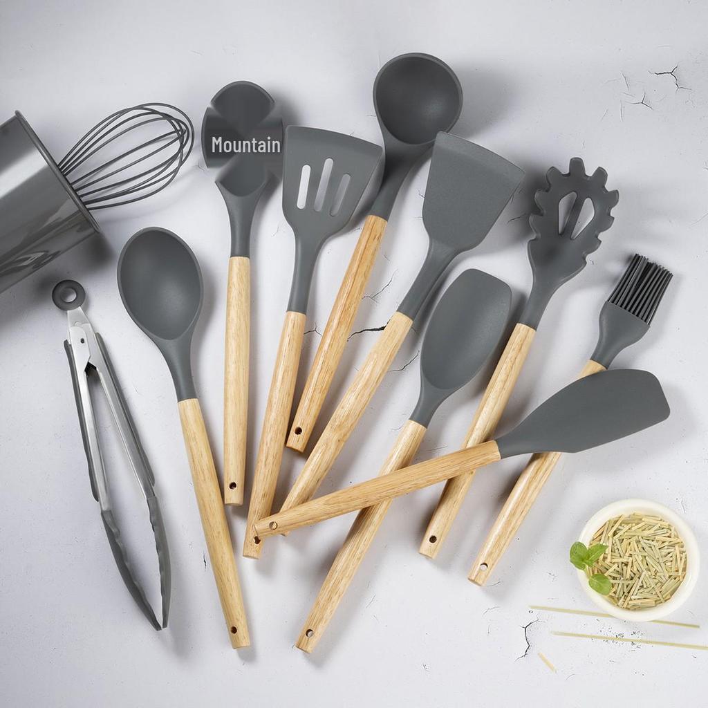 11-Piece Silicone Kitchen Utensil Set with Wooden Handles - Black & Khaki Storage Bucket Included