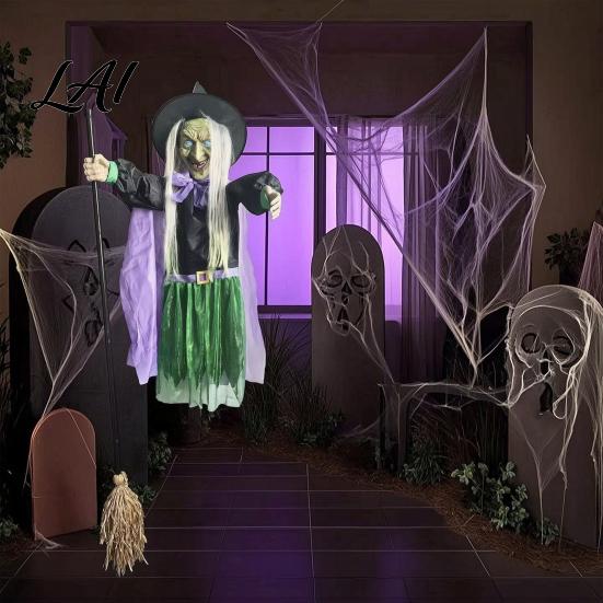 Sound Activated Party Prop 200cm Halloween Flying Witch with Scary Sounds & Glowing Eyes Spooky for Garden Creepy Yard Lawn Haunted House Decoration