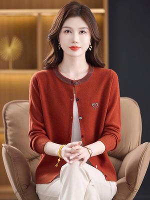 Cardigan Donna in Pura Lana con Strass - Maglione Lavorato a Maglia Largo con Girocollo per Autunno e Inverno