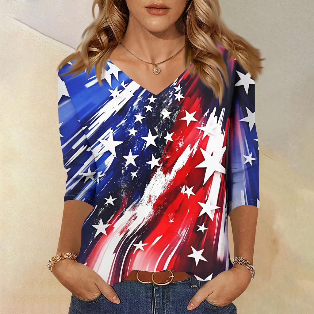 Women's Tops Three-quarter Sleeve Shirt V-neck Loose Casual Shirt Print T-shirt