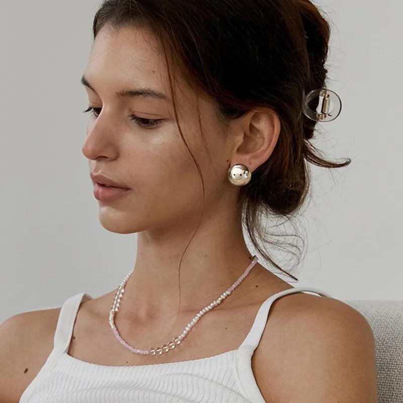 European Style Punk Fashion Geometric Half Metal Big Ball Round Stud Earrings For Women Girls Party Accessories