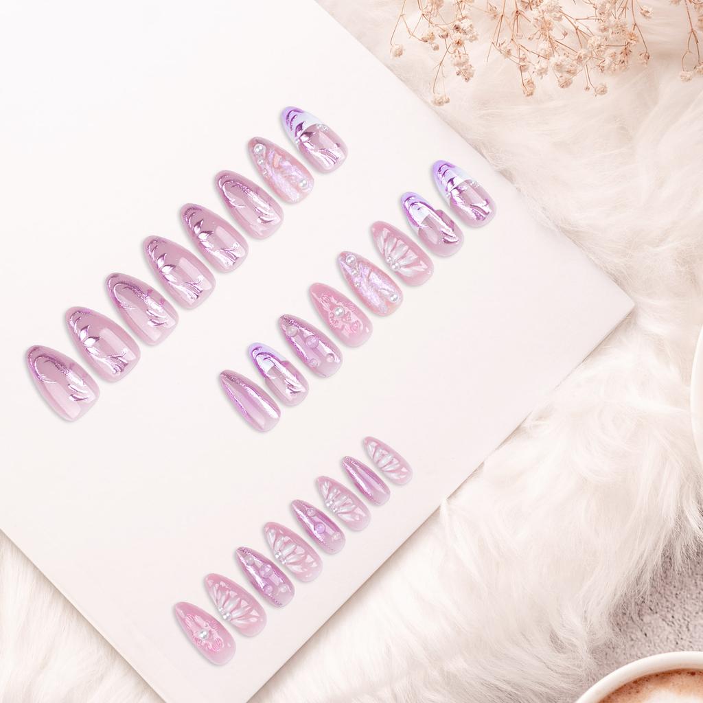 Short Almonds Press on Nails Pink Ripple Design Shiny Glitter False Nails Suitable for Professional Nail Salon