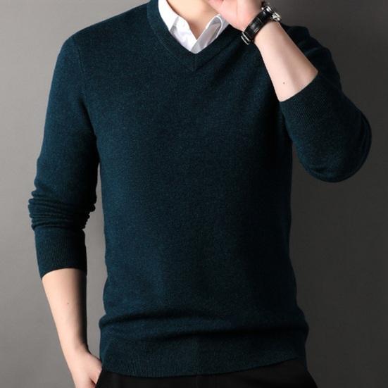 Høst Vinter Herregenser V-hals Strikket Ensfarget Elastisk Stretch Genser Middels Lengde