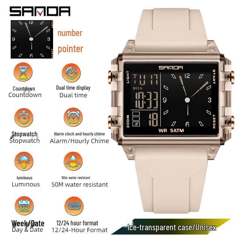 Sanda Waterproof Rectangular Sports Watch with Countdown Timer