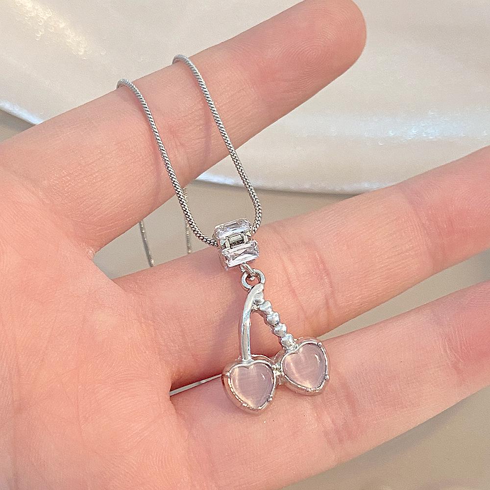Pink Cherry Heart Necklace: Trendy Summer Cat's Eye Stone Pendant for Women