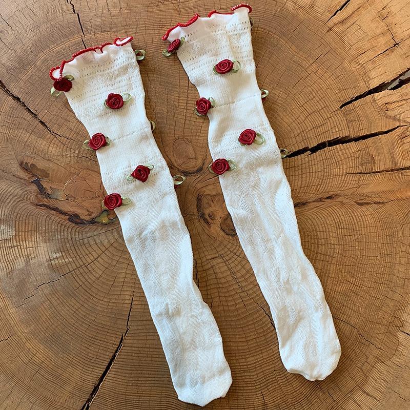 Rose Flowers Lace Socks for Women Summer Spring Sweet Lovely Breathale Cotton Middle Tube Socks Mesh Sock Girls Daily Hosiery