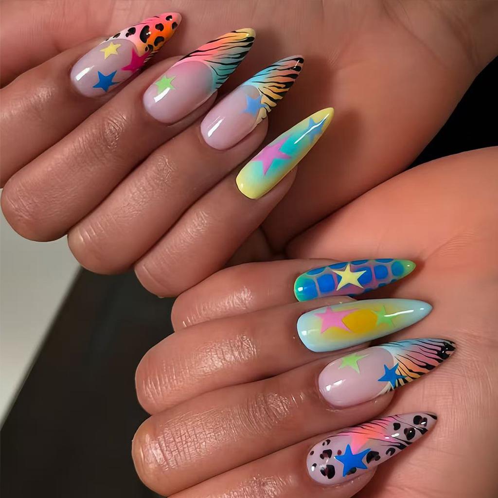 24PCS Colorful Stripes Y2k Almond Press on Nails Summer Yellow French Acrylic Nails Sweet Cool Silver Polka Dots Star Fake Nails