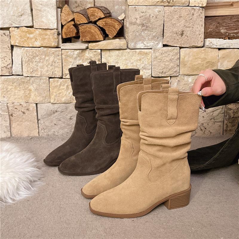 Coarse-heeled short boots women's 2025 autumn new high-heeled pointed-toed thin pleated piled boots retro British fashion boots