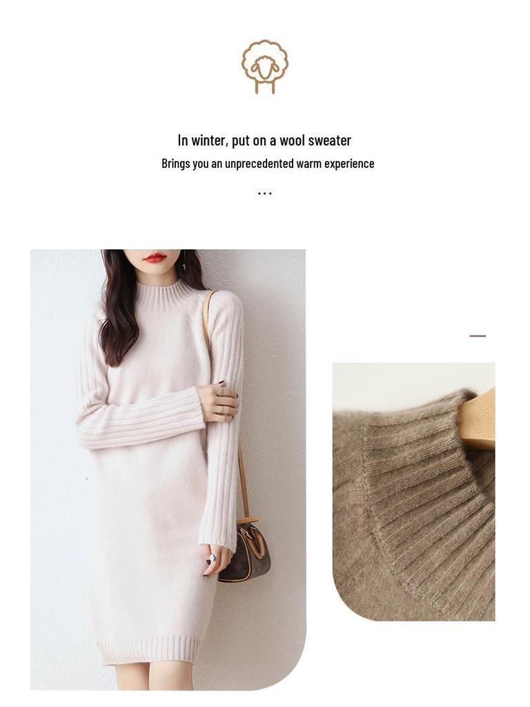 Damska sukienka dzianinowa w stylu koreańskim, dopasowana, 100% wełna - Półwysoki dekolt, pogrubiona na jesień/zimę