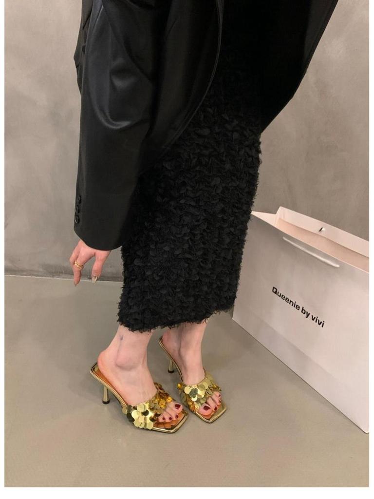 Dámské 2025 Stříbrné Francouzské Niche High-End Venkovní Sandály Žabky na Vysokém Podpatku