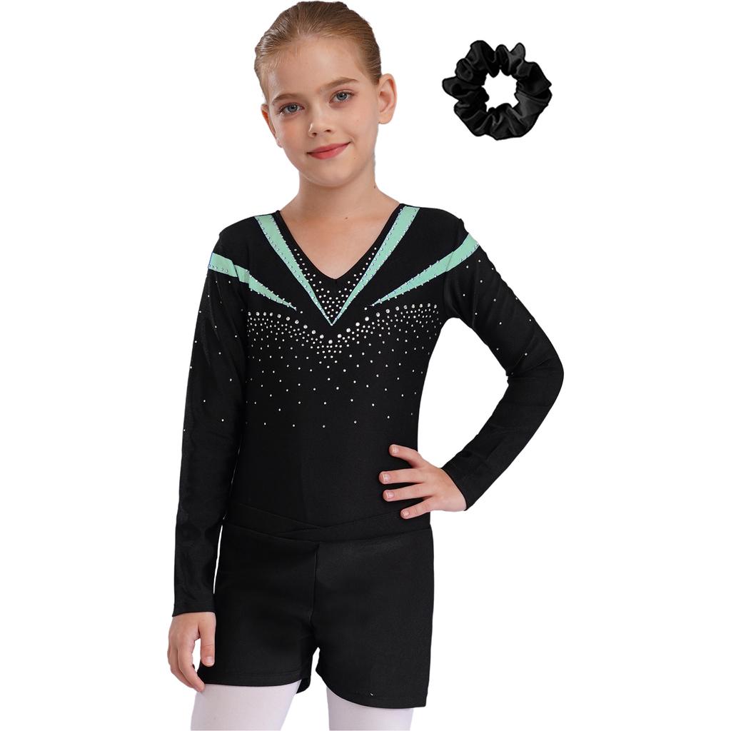 Girls Long Sleeve V Neck Rhinestones Contrast Color Leotard Waistband Shorts Hairband Dance Set