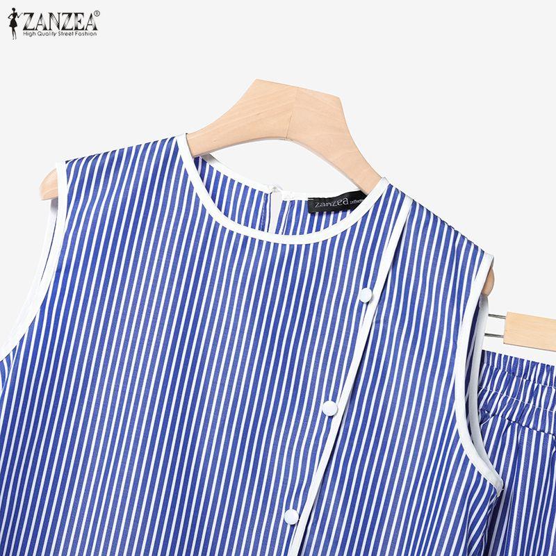 ZANZEA Women Sleeveless Vest Tops and Pants Casual Stripe Print Two Piece Suit Sets