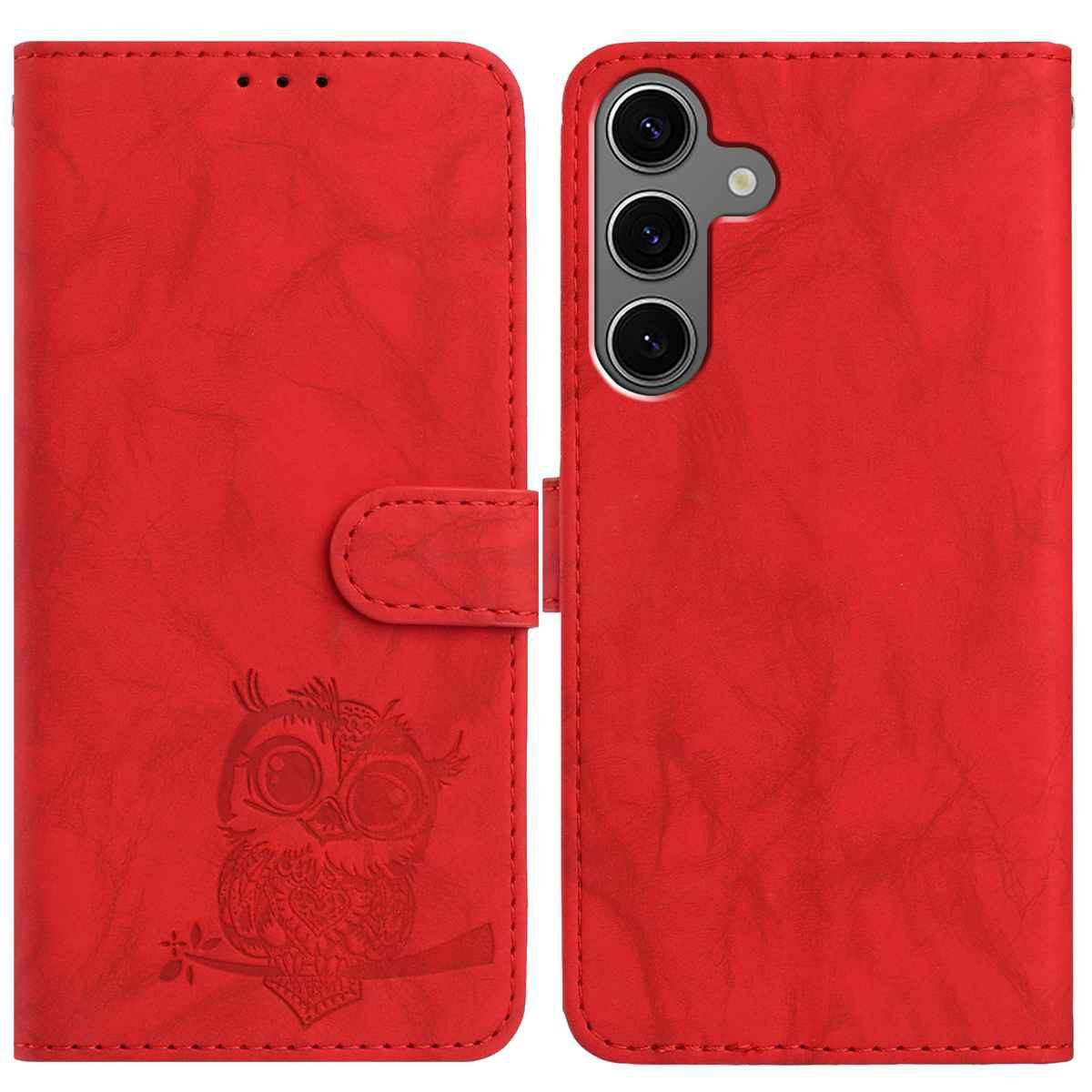 

Для Samsung Galaxy S25/S24 Чохол Гаманець з ПУ шкіри з відбитком сови та ремінцем на зап ястя Red