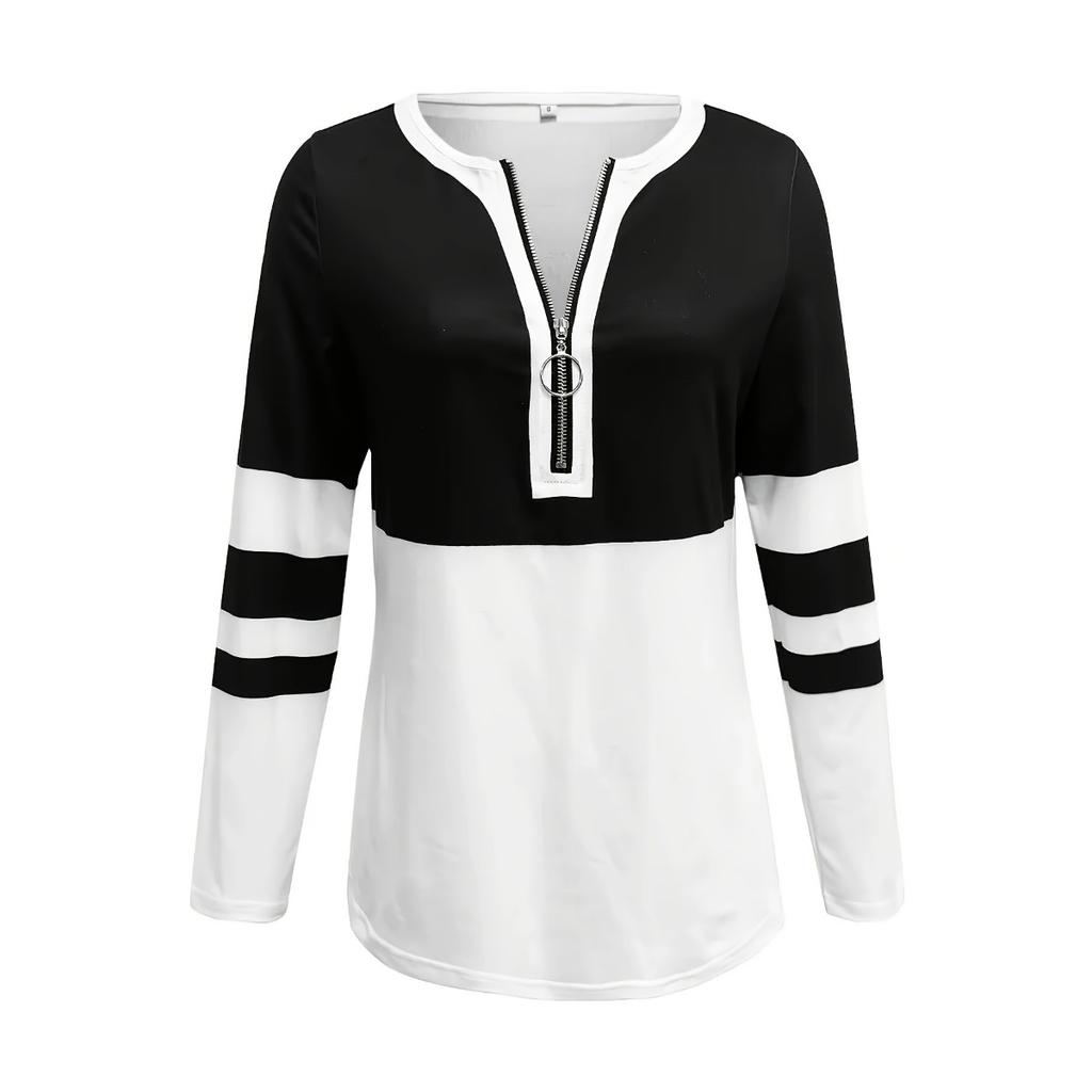Nuove Magliette Casual a Strisce con Zip e Maniche Lunghe da Donna Taglie Forti