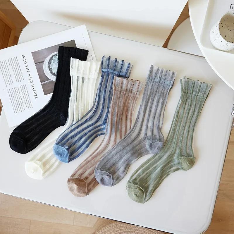 Summer Ultra-thin Women Socks Transparent Crystal Silk Socks Korean Fashion Striped Harajuku Streetwear Nylon Loose Long Socks
