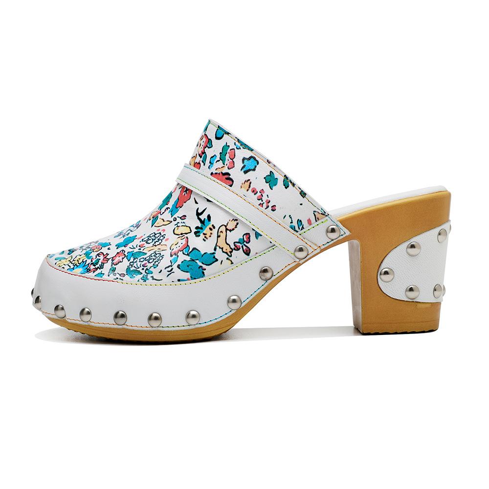 În stil pictură în ulei de epocă, cu tocuri înalte, pantofi pentru femei, din piele naturală, pantofi cu slip-on, retro, cu vârf rotund