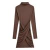European-Style High Neck Long Sleeve Fleece Dress - Pleated Hot Girl Hip Wrap Skirt