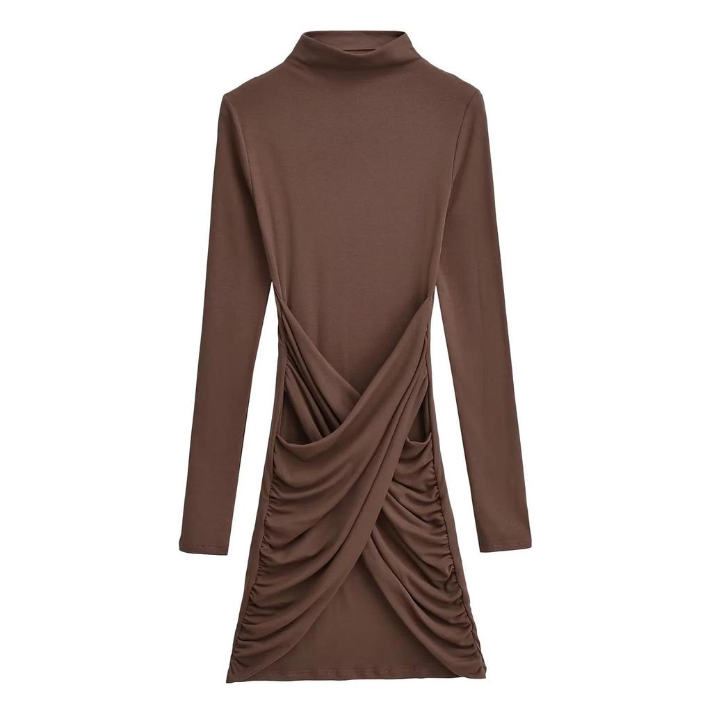 European-Style High Neck Long Sleeve Fleece Dress - Pleated Hot Girl Hip Wrap Skirt