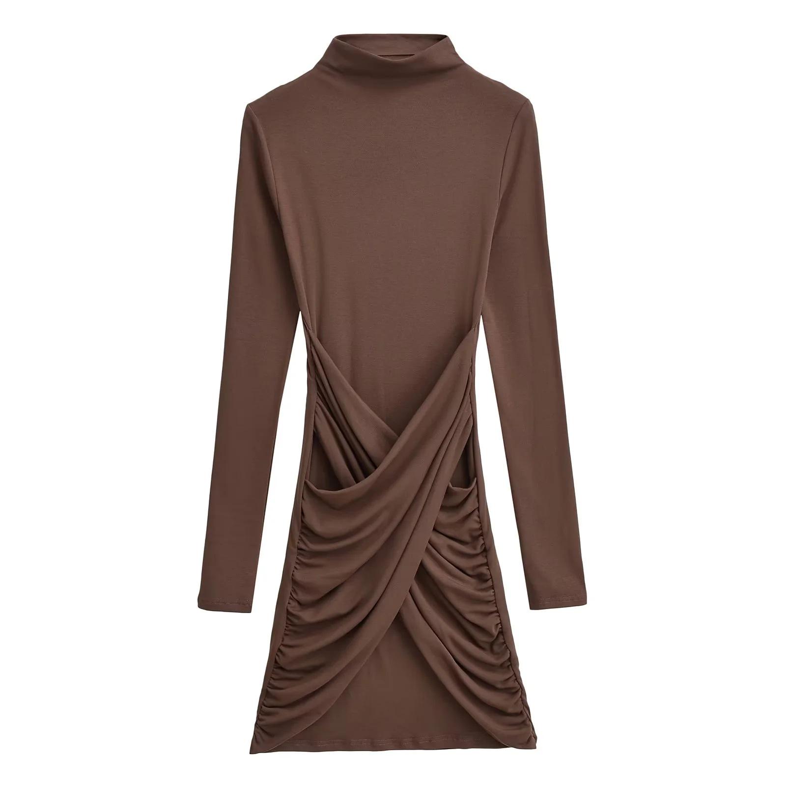 

European-Style High Neck Long Sleeve Fleece Dress - Pleated Hot Girl Hip Wrap Skirt S кофейный