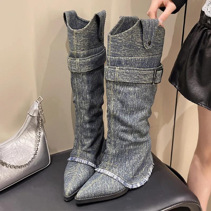 High Heels Women Cowboy Boots Pointed Toe Designer Shoes Luxury High Boots 2025 Winter Goth Pumps Chelsea Botas Mujer