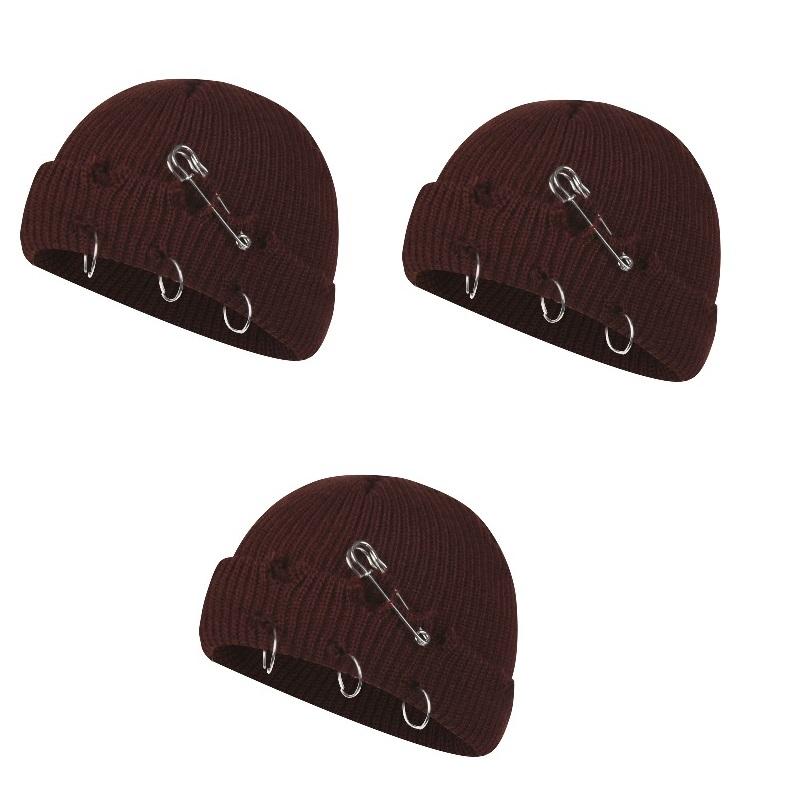 Women Girls Y2k Gothic Beanie Winter Knit Hats Trendy Metal Rings Pin Hip Hop Streetwear Harajuku Skull Cap Emo Scene Grunge