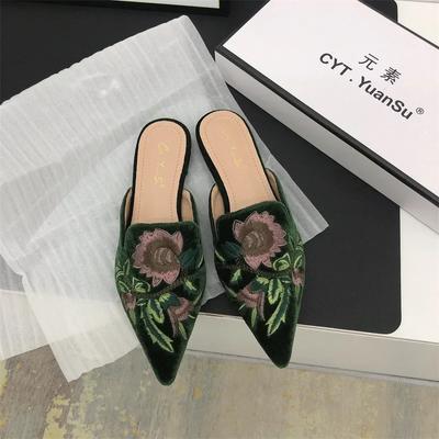 Mode Casual Dames Halve Pantoffels Puntige Neus Velours Bedekking Hoofd Borduurwerk Bloemen Platte Schoenen Zwart/Abrikoos/Groen