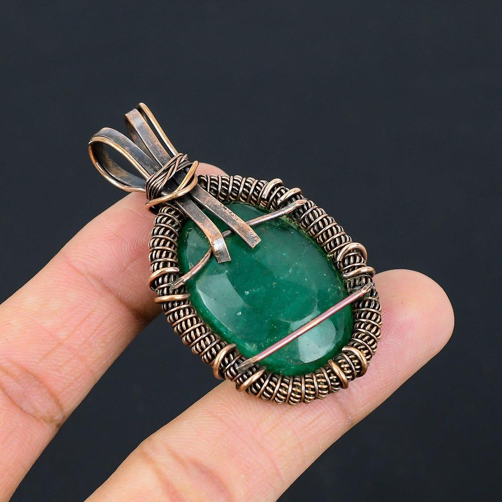 Lab-Created Emerald Gemstone Pure Copper Wire Wrapped Handmade Pendant Jewelry For Her