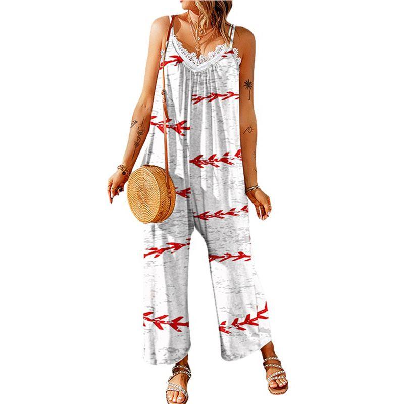 

American Shiying Color Matching Loose Straight Jumpsuit Women 2025 Summer New Lace Edge V-neck Jumpsuit White 2XL code fits (75.00 kg-82.50 kg
