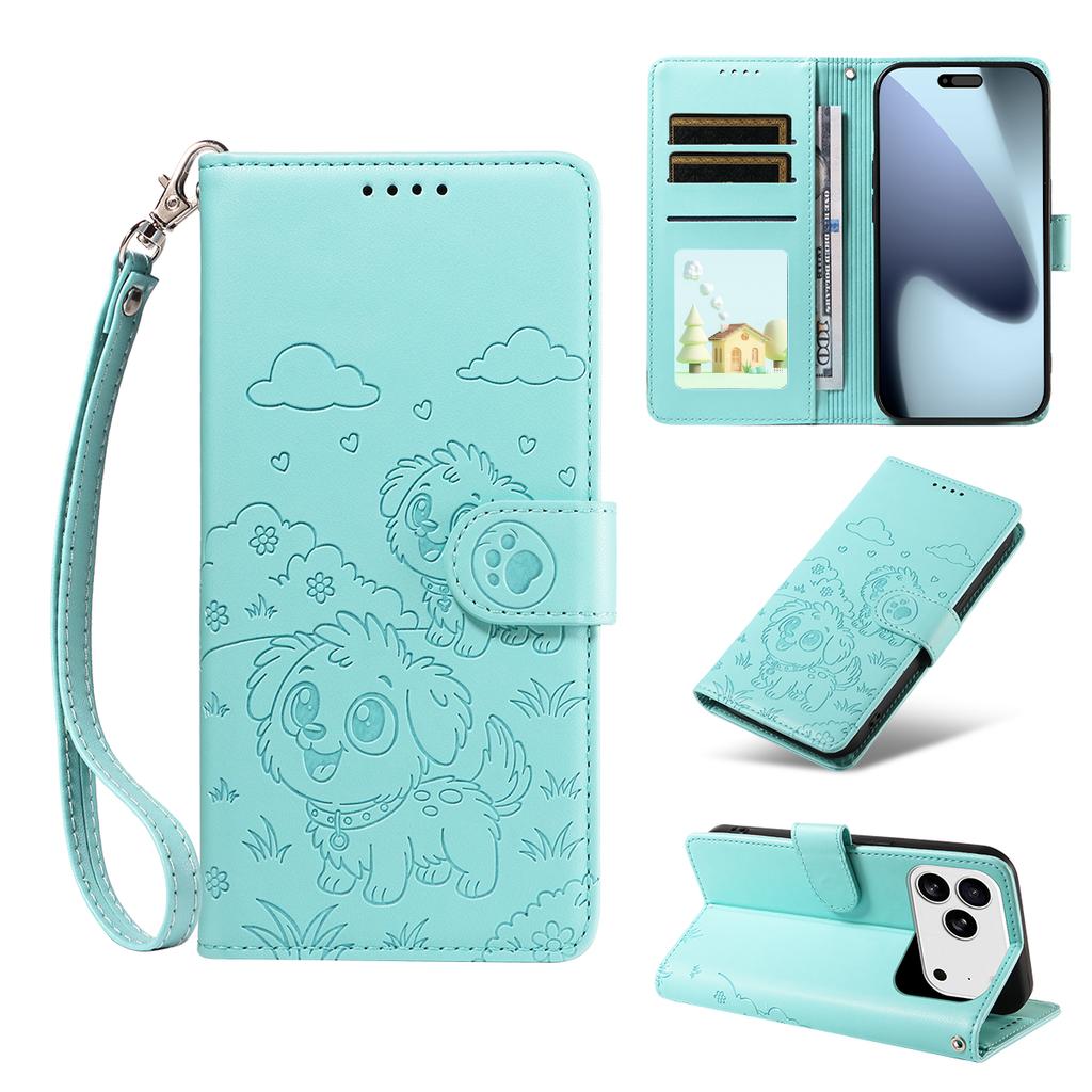 For iPhone 17 Pro Case RFID Blocking Imprinted Dog Pattern PU Leather Phone Cover with Wrist Strap