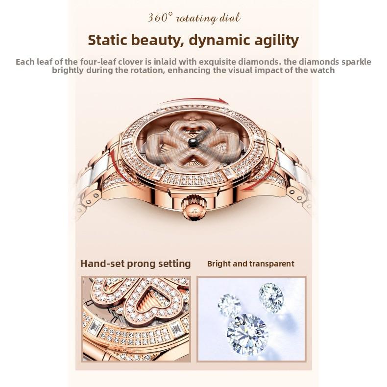 OUPINKE Women's Watch Four-leaf Clover Rotating Dial Automatic Mechanical Watch for Ladies and Women