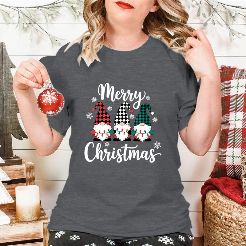 Merry Christmas Gnomes Print Womens Tshirt Fashion Casual Holiday Party Female Tops Tees Short Sleeve Tshirt Women Xmas Gift