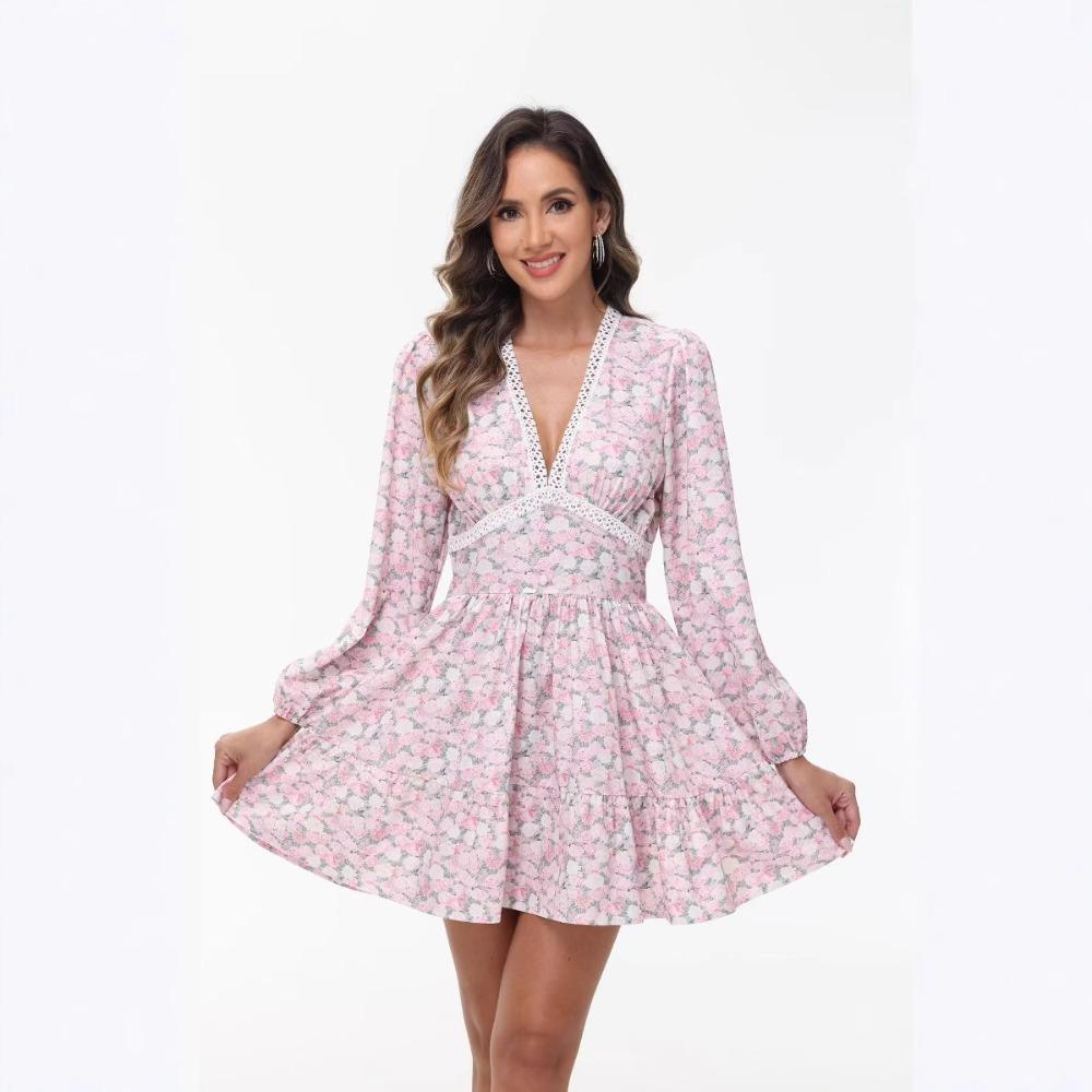 Damen V-Ausschnitt Dreiviertelarm Minikleid A-Linie Hohe Taille Süßer Blumendruck Lässiges Sommerkleid