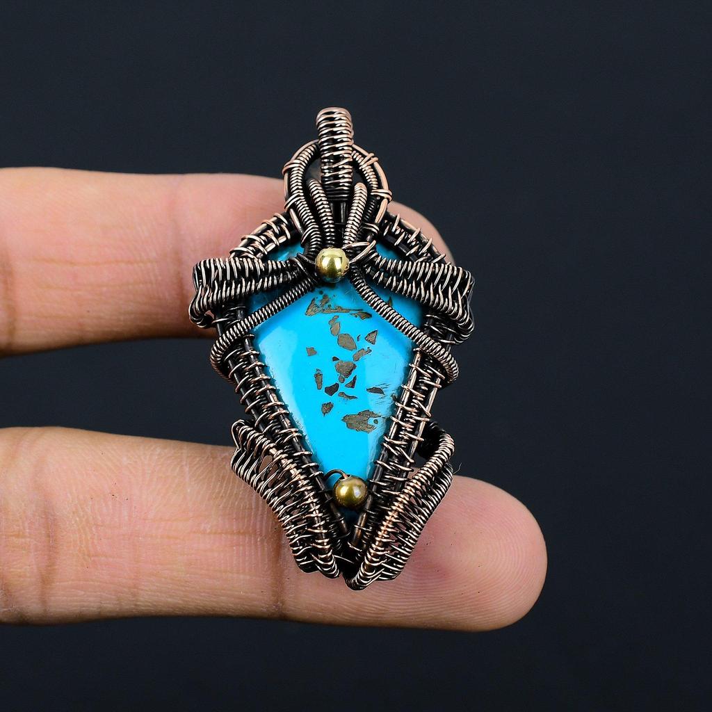 Irani Turquoise Gemstone Copper Wire Wrap Handmade Pendant Jewelry Gift For Love