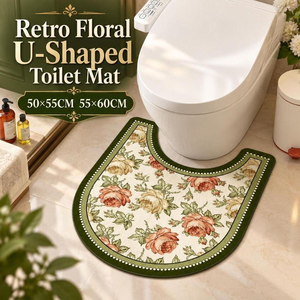 Non Slip U-Shaped Toilet Mat Quick Dry Toilet Pad Retro Floral Bathroom Rug  Bathroom