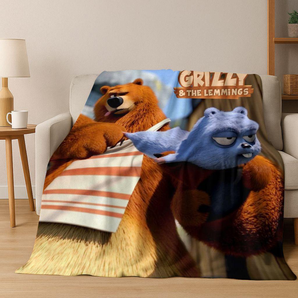 Funny Grizzy and The Lemmings Cartooon Flannel Blanket,Cozy Soft Throw Blanket for Home Bedroom Bed Sofa Picnic Cover Kid Gift