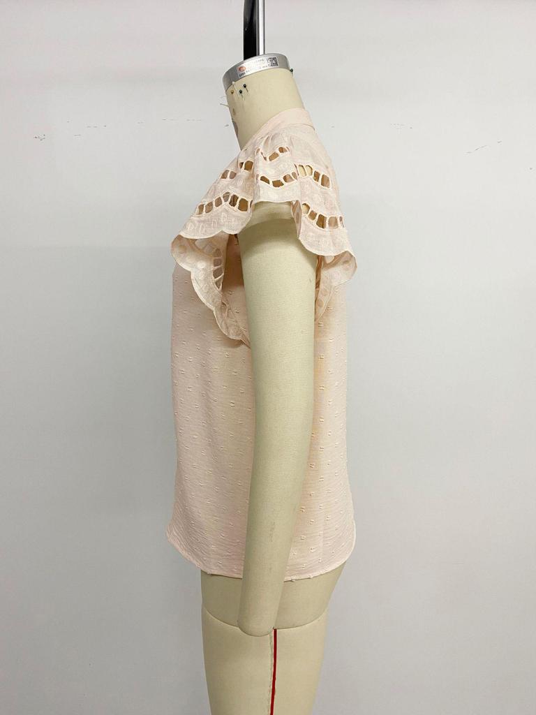 European Retro Sweet Hollow Lace Ruffle Sleeve Stand Collar Solid Color Women's Summer Shirt