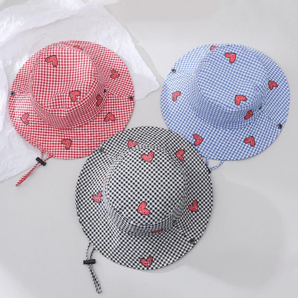 Summer Parent-Child Plaid Heart Wide Brim Sun Hat - Stylish Travel Vacation Fisherman Hat for Kids with Sun Protection