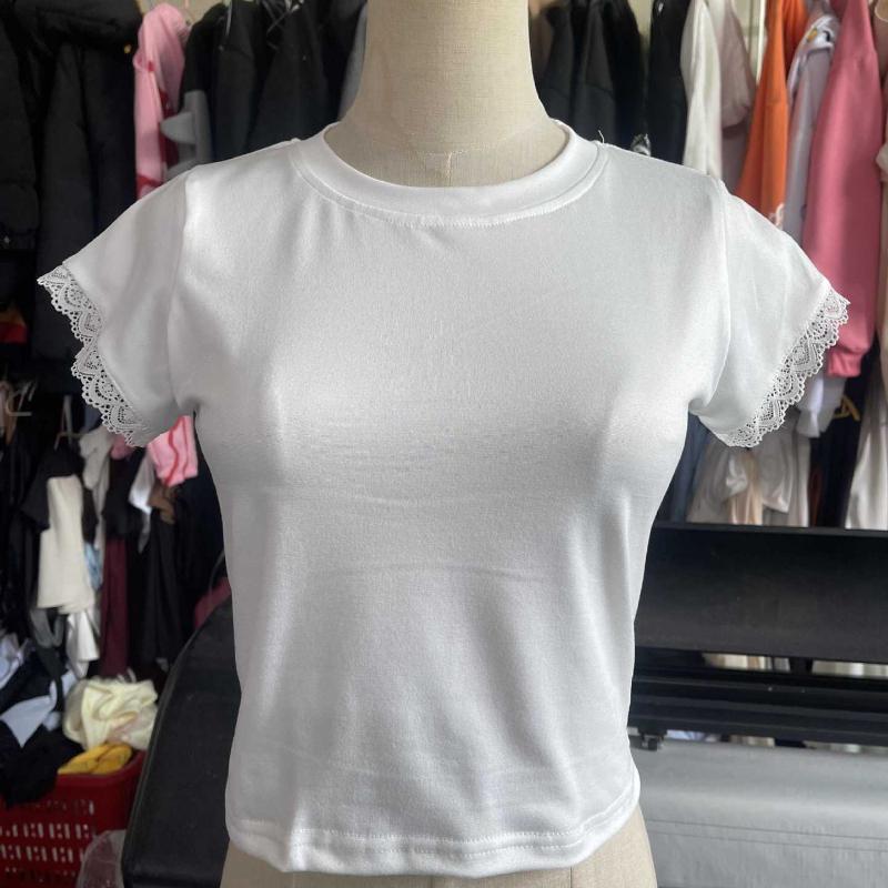 European and American Summer Round Neck Slim Fit Solid Color Lace Patchwork Short Sleeved Top