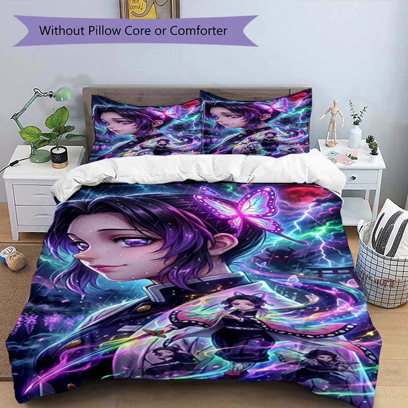 Set cuvertură de pilota 3 buc (1 * Husă de pilota + 2 * Față de pernă, Fără Miez), Set de așternut cu imprimeu Demon Slayer, Decor pentru dormitor, Pentru toate anotimpurile, Cadou de ziua de naștere