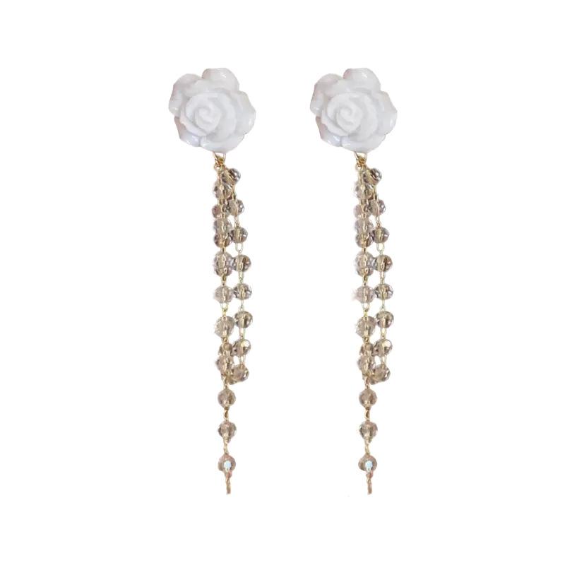 Brincos de tacha com flor e borla longa de agulha de prata, brincos de personalidade retrô francesa, brincos de design de nicho