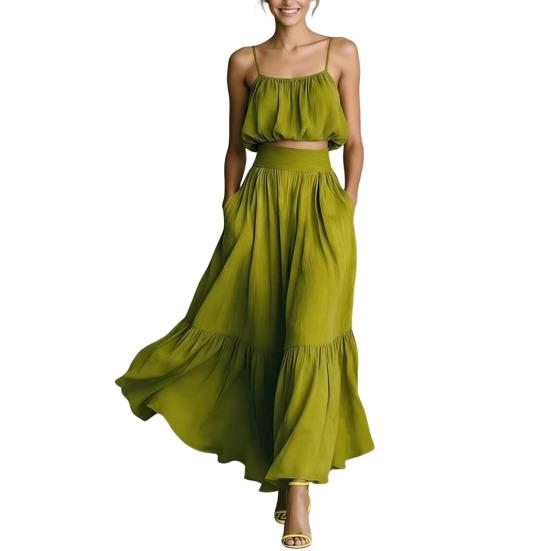 Summer 2 Piece Skirt Set for Women, Sleeveless Spaghetti Strap Top And High Waist Ruffle Skirt Vacation Travel Outfits