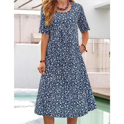 Women's Fashion Summer Spring Flower Pattern Print Short Sleeve O-Neck Middle Waistline Casual Dresses