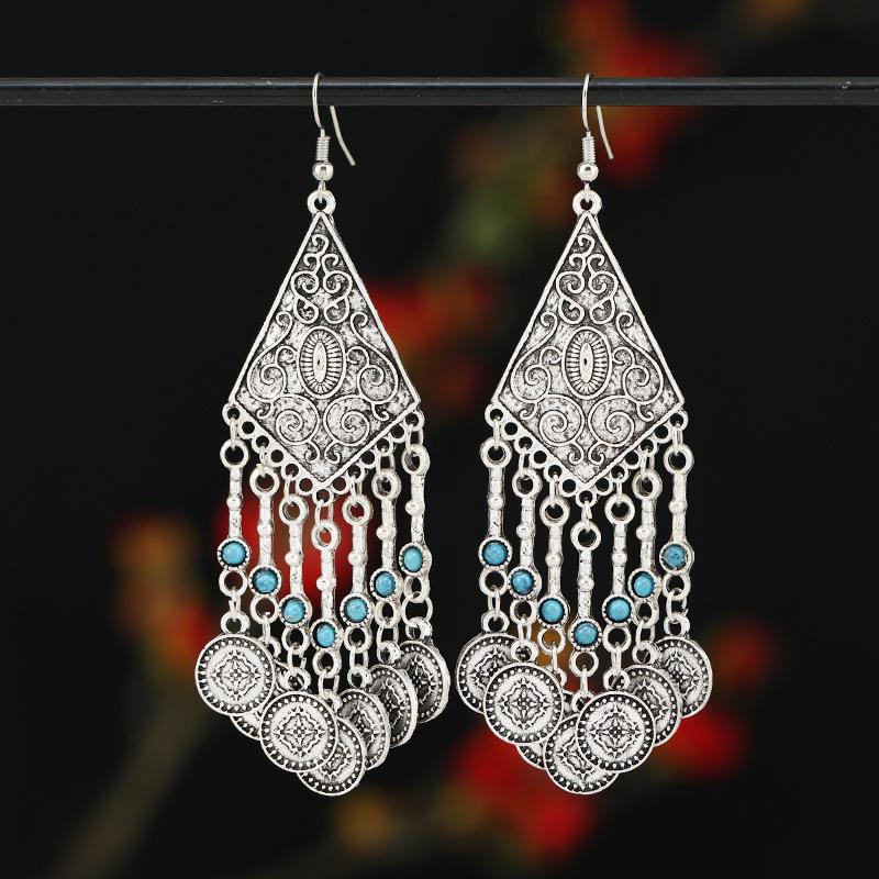 Retro Exotic Ancient Silver Coins Tassel Earrings Women's Long Personalized Earrings Niche Earrings