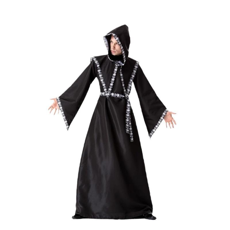 Halloween Adult Vampire Medieval Reaper Black Dark Wizard Robe Dress Up Costume