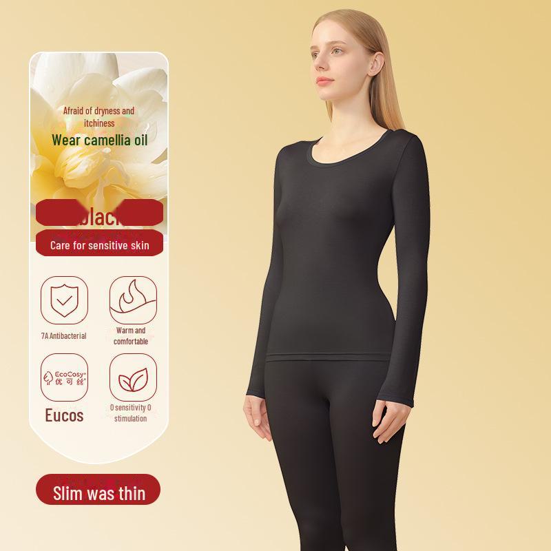 

7A Antibacterial Camellia Oil Moisturizing Women s Thermal Silk Round Neck Slim Suit - Autumn/Winter. чорний