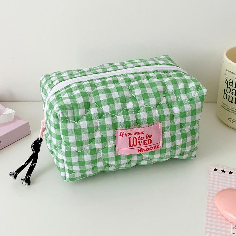 

Bow Zipper Bag Quilted Plaid Girls Cosmetic Bags Retro Ladies Clutch Pencil Case Coin Purse Portable Travel Female Toiletry Storage Bag Handbag
