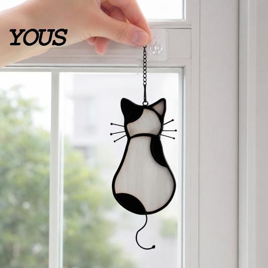 Cat Back Shape Decoration Acrylic Pendant, with Metal Hanging Chain, Stained Glass Effect Silhouette Window Pendant Decoration, for