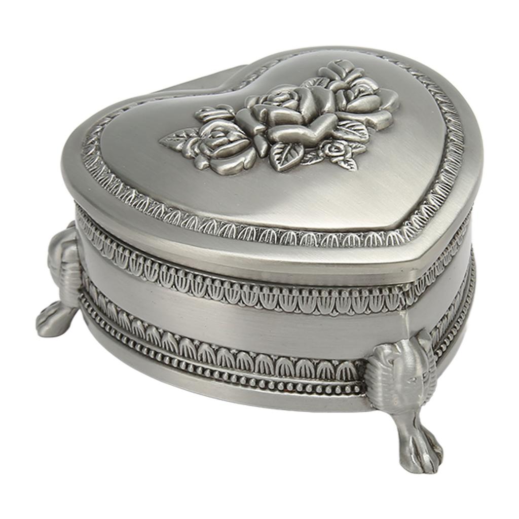 Vintage Trinket Box with Antique Flower Carved Small Heart Shape Trinket Box for Girl and Women